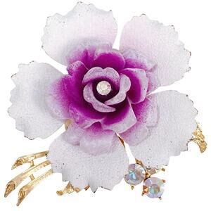 Vintage Mid Century Purple Lucite Enamel Orchid Flower Brooch AB Rhinestones